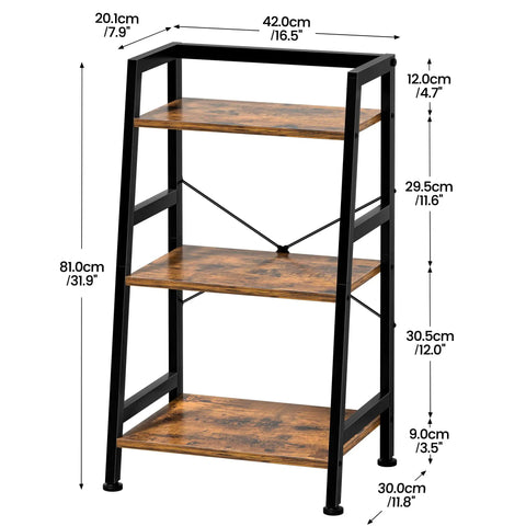 Rock Solid 3 Tier Ladder Bookshelf With Heavy Duty Steel Frame in rustic brown, dimensions shown, ideal for home office storage.