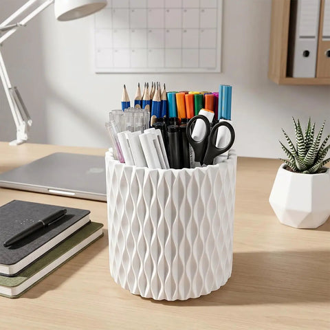 Rotating Desk Pen Organizer With Five Slots Spinning Pencil Cup For Office Home School And Craft Room White Finish 360 Degree Base
