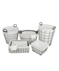 Five 16 inch metal wire baskets with linen fabric liners and side handles for laundry and home storage.