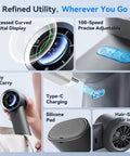 Turbo Handheld Fan with 100 Speed HD Digital Display and real-time wind gear, showing features like Type-C charging and silicone pad.