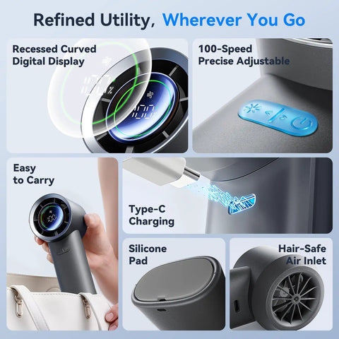 Turbo Handheld Fan with 100 Speed HD Digital Display and real-time wind gear, showing features like Type-C charging and silicone pad.