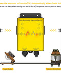 Automatic vacuum switch; Ortis yellow 220V dust collector starter with tool and vacuum outlets and indicator LEDs, front view