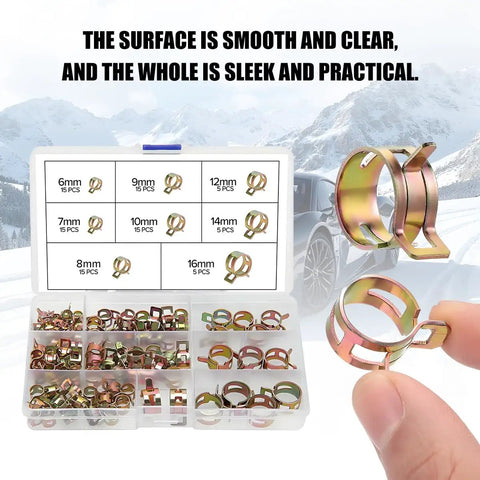 90-Piece Car Spring Hose Clamp Kit with 8 Sizes for Fuel Lines, Silicone Vacuum Tubes, and Low-Pressure Air Tubes display