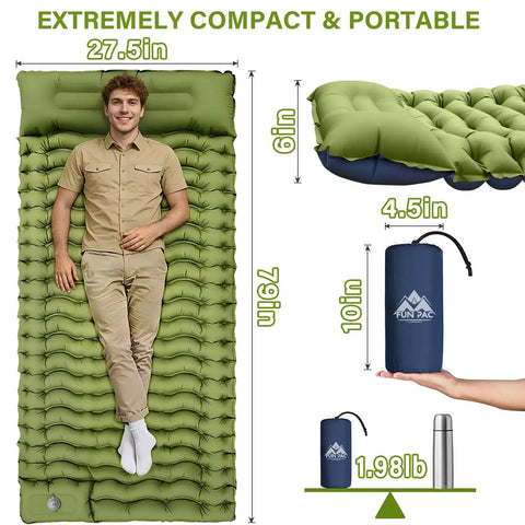 Ultralight Camping Sleeping Pad With Built In Pillow And Foot Pump, 3 Inch Thick Self Inflating Pad, Extra Wide 78 By 27 Inches