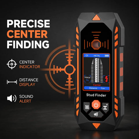 NOYAFA Stud Finder Wall Scanner, Wall Detector with Adjustable Sensitivity displaying center finding indicators and distance.