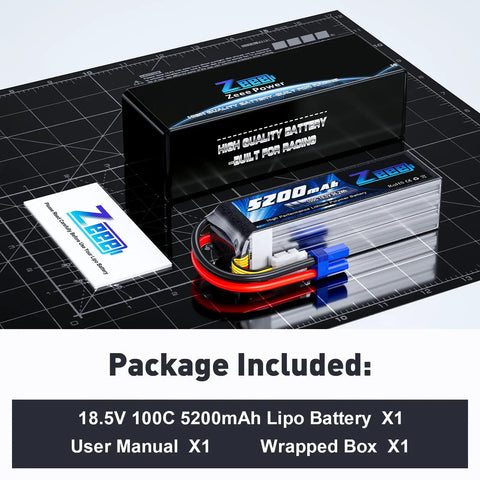 5S 5200mAh RC LiPo Battery 18.5V 100C Soft Pack With EC5 Connector and packaging contents on display