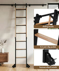 Rolling Library Ladder With Six Point Six Foot Sliding Track And Ninety Six Inch Telescoping Aluminum Ladder On Wheels With Handrail For Bookshelves Loft And Closet Space Saving Rail Mounted Design Heavy Duty Yet Lightweight, wall-mounted ladder in room