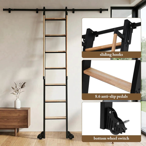 Rolling Library Ladder With Six Point Six Foot Sliding Track And Ninety Six Inch Telescoping Aluminum Ladder On Wheels With Handrail For Bookshelves Loft And Closet Space Saving Rail Mounted Design Heavy Duty Yet Lightweight, wall-mounted ladder in room