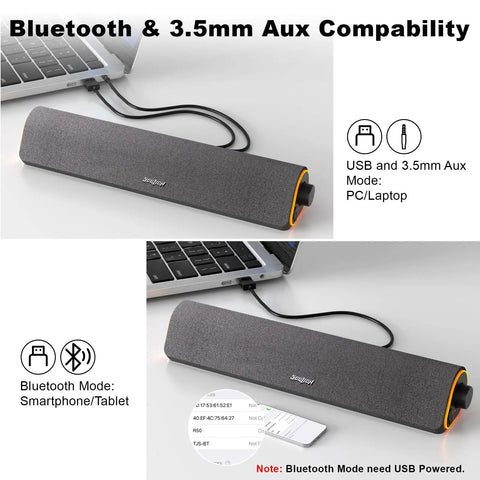 R50 Bluetooth PC Sound Bar For Desktop Monitor, USB Powered, 3.5mm Audio, Lit LED Lights, connected to a laptop.