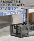 Adjustable under desk cable tray with no drill installation showing height range between 0.2 and 2 inches, in black metal.