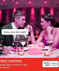 Couple at a romantic dinner using Works With Alexa BR30 Smart Flood Light Bulbs with Full Color and Tunable White, mood lighting