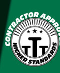 Seal with 'Contractor Approved Higher Standards' text on green background