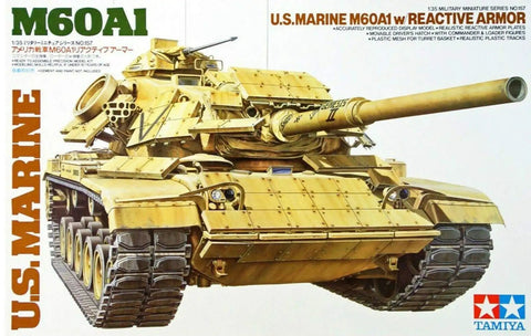 Box cover showing One Thirty Fifth Scale US Marine M60A1 Tank Plastic Model Kit Highly Detailed Static Display Armor Model