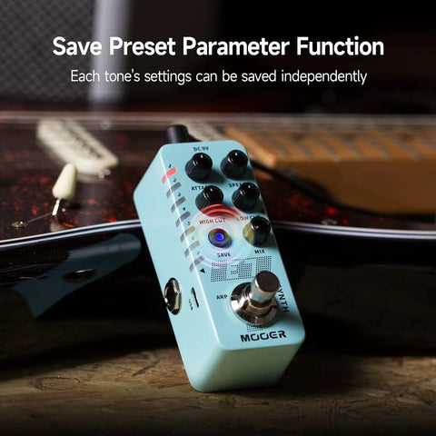 Pocket Sized Guitar Synth Pedal With Seven Polyphonic Tones on wooden surface, focus on controls and preset function.