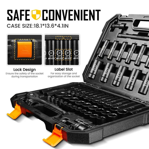 Heavy Duty Half Inch Drive Impact Socket Set, 72-Piece SAE And Metric Kit with labeled and organized sockets in case