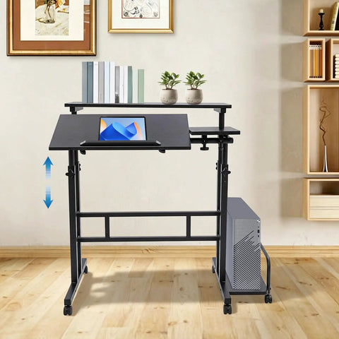 Smooth Operator Height Adjustable Standing Desk With Heavy Duty Steel Build And Six Easy Roll Wheels For Ergonomic Sit Stand Office Setup To Level Up Your Grind, showcasing adjustable height and mobility.