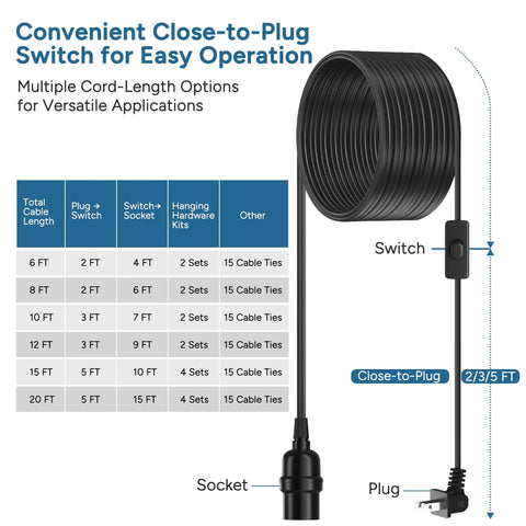Close-up of Top Notch Black Pendant Light Cord 10 FT with close-to-plug switch, showcasing socket and plug details.