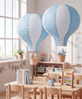 Two Pack Hanging Hot Air Balloon Paper Lanterns For Nursery Decor 15.7 Inch Centerpieces Reusable Blue And White Set