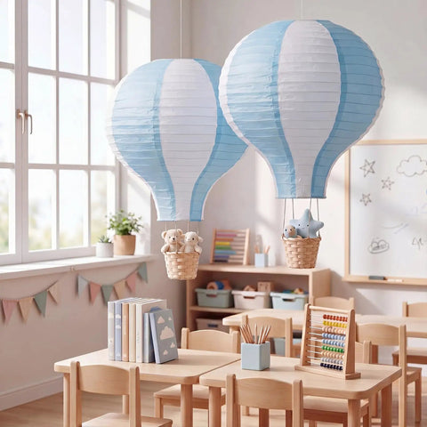 Two Pack Hanging Hot Air Balloon Paper Lanterns For Nursery Decor 15.7 Inch Centerpieces Reusable Blue And White Set