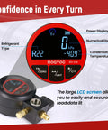 3 In 1 Digital Manifold Gauge For HVAC With Refrigerant Charging Vacuum Testing And Leak Detection Compact Digital Tool For Pros To Dial In AC And Refrigeration Systems Faster 24 Refrigerants Compatible LCD display showing R22 and kPa