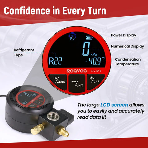 3 In 1 Digital Manifold Gauge For HVAC With Refrigerant Charging Vacuum Testing And Leak Detection Compact Digital Tool For Pros To Dial In AC And Refrigeration Systems Faster 24 Refrigerants Compatible LCD display showing R22 and kPa