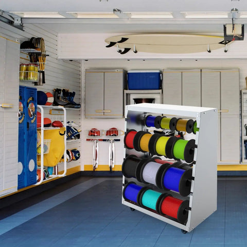 Heavy Duty Wire Spool Rack With Wheel 6 Rod Cable Dispenser For Electrical, Industrial And Retail Use Keeps Spools Organized For Garage And Workshop, 300lb Capacity, Gray. Visible in a garage setting with spools of various colors.