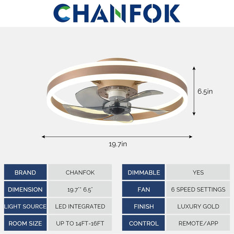 Low Profile Ceiling Fan With Light Gold Finish Modern Flush Mount Enclosed Ceiling Fan 19.7 Inch LED Dimmable Bladeless Ceiling Fans With Remote