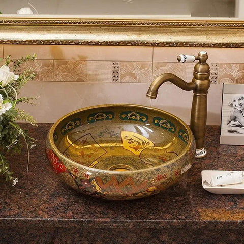 Rock Solid Vintage Brown Porcelain Vessel Sink For Bathroom Vanity, Super Sleek High Gloss Above Counter Round Wash Bowl Heavy Duty Ceramic Basin With Easy Install
