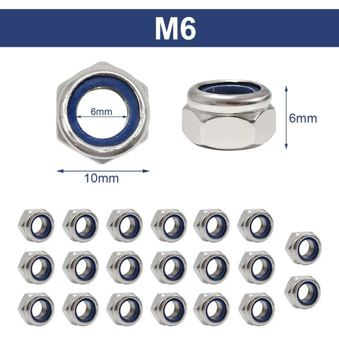 Heavy Duty 20 Pack M6 Nylon Lock Nuts Solid As A Rock 304 Stainless Steel Hex Fasteners self locking bolts, showing size and design.