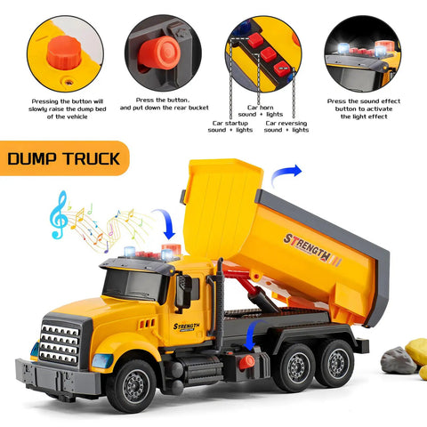 Yellow dump truck toy with moveable parts, lights, and sound effects. Part of the Two Pack Construction Truck Toys for Kids Ages 3 to 8.
