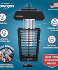 Outdoor Bug Zapper For 1 Acre Coverage With 40W UV Bulb And 5600V Kill Grid Mosquito Attractant Cartridge Included Hangable Lantern Insect Trap That Takes Down Flying Pests Fast. Image showing design features including hanging ring and replaceable bulb in a lantern-style frame.