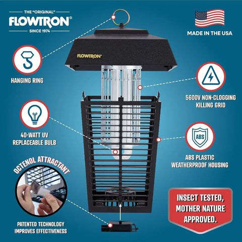 Outdoor Bug Zapper For 1 Acre Coverage With 40W UV Bulb And 5600V Kill Grid Mosquito Attractant Cartridge Included Hangable Lantern Insect Trap That Takes Down Flying Pests Fast. Image showing design features including hanging ring and replaceable bulb in a lantern-style frame.