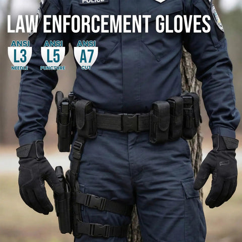 Heavy Duty Grip Work Gloves With Level 3 Needle Resistance, Level 5 Puncture Protection And A7 Cut Resistant, worn by an officer