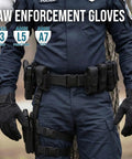 Law enforcement officer wearing black tactical gear and gloves with ANSI L3 needle, L5 puncture, A7 cut protection features highlighted.