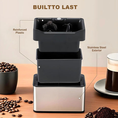 Durable Automatic Electric Portafilter Cleaner Kicks Stubborn Coffee Pucks To The Curb With Zero Sweat, features stainless steel and reinforced plastic.