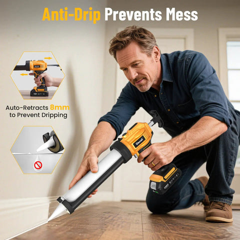Man using Cordless Caulking Gun With Two 2000mAh Batteries 4 Adjustable Speeds LED Light 10oz Cartridge Gun for sealing floor edges