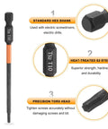 Heavy Duty T10 Torx Screwdriver Bits 4 Inch Long 1/4 Inch Hex Shank 3 Pack showing heat-treated S2 steel and precision head.