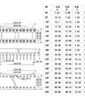 Technical diagram of 8 Pack 40 Pin DIP IC Socket Adapters 2.54mm Pitch Dual Row Flat Pin Narrow Body 15mm Spacing for PCBs