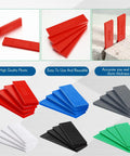 Rock Solid 600 Piece Plastic Flat Tile Shims For Structural Leveling High Density Polymer grid spacers shown in various colors.