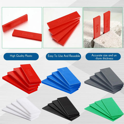 Rock Solid 600 Piece Plastic Flat Tile Shims For Structural Leveling High Density Polymer grid spacers shown in various colors.