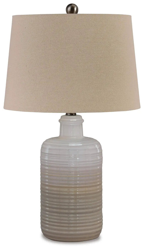 Two Pack Neutral Ceramic Table Lamps, 25.5 Inch Tall, Taupe Glazed Bases With Textured Drum Shade, Modern Living Room Bedside Lighting Set