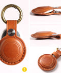Straight Up Genuine Leather AirTag Keychain Holder Secure Metal Loop Cover Fits Apple Tracker First And Second Gen Like A Glove In Classic Brown Premium Hide Case, close-up view with keychain and tracker.