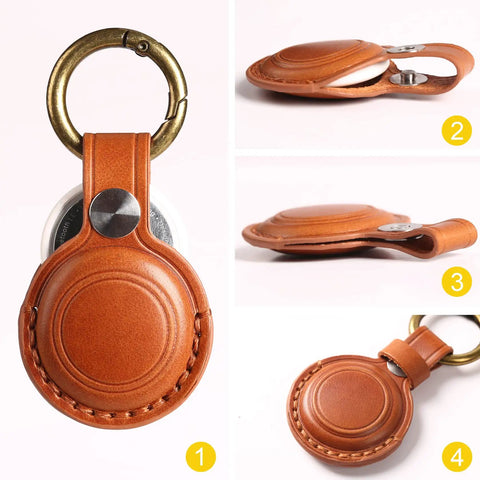 Straight Up Genuine Leather AirTag Keychain Holder Secure Metal Loop Cover Fits Apple Tracker First And Second Gen Like A Glove In Classic Brown Premium Hide Case, close-up view with keychain and tracker.