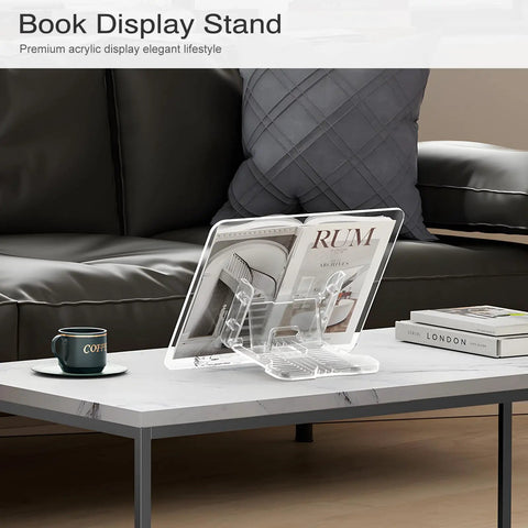 Clear Acrylic Book Stand With Adjustable Angle holding a magazine on a coffee table in a living room setting