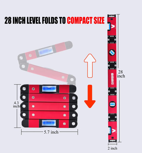 Foldable 28 Inch Magnetic Level With 45 90 180 Bubble Angles shown unfolded and folded for compact size