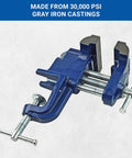 COV-3 Clamp On Vise with Three Inch Jaw Width Portable Gray Iron Casting Blue Finish Sturdy Steel Screw and Guide Rods