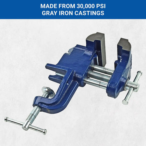COV-3 Clamp On Vise with Three Inch Jaw Width Portable Gray Iron Casting Blue Finish Sturdy Steel Screw and Guide Rods