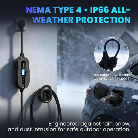 Portable Level 2 EV Charger J1772 Charging Station 240V For Home And On The Go with IP66 waterproof design and TPU cable.
