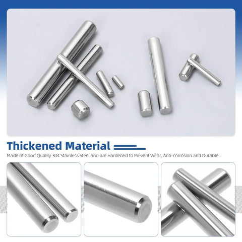 225-Piece M3 Solid Dowel Pins Set in Stainless Steel, 13 Sizes, Cylindrical Shelf Support Pins displayed in various sizes on surface.