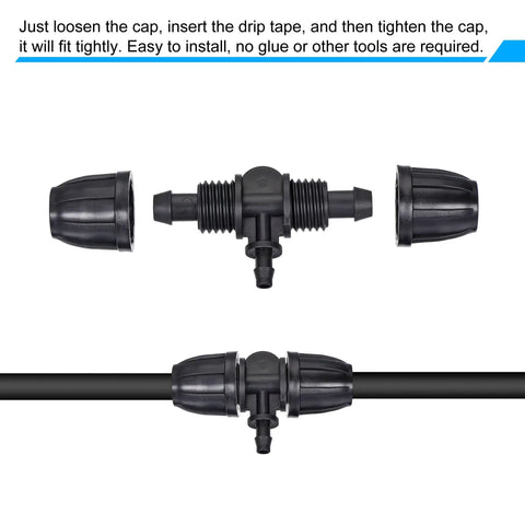 Drip Irrigation Barbed Tee Three Way Fitting For 8mm To 4mm ID Tubing Easy Install Black Pack Of 20